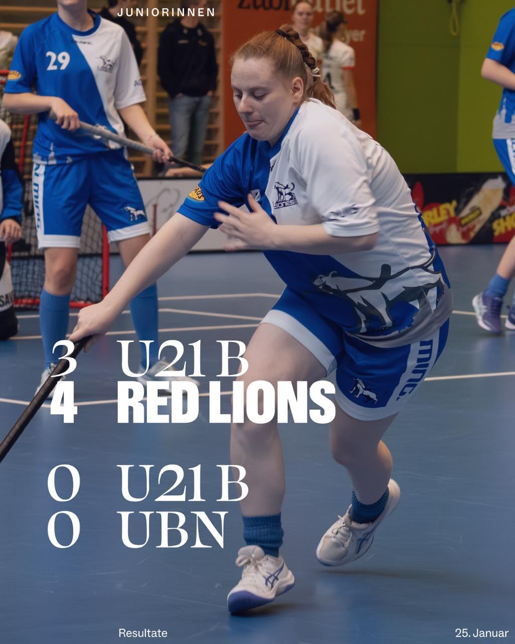 RESULTATFLASH JUNIORINNEN 🦁
🔵⚪️
U21b:
❌ vs. @redlionsfrauenfeld
🟰 vs. @unihockey_basi_nueri
🔵⚪️
U17b:
✅ 6:0 vs. @uhcsharks_floorballobwalden
✅ 3:1 vs. @uh.regioentlebuch
🔵⚪️
#swissunihockey #lioness #innebandy #salibandy #floorball