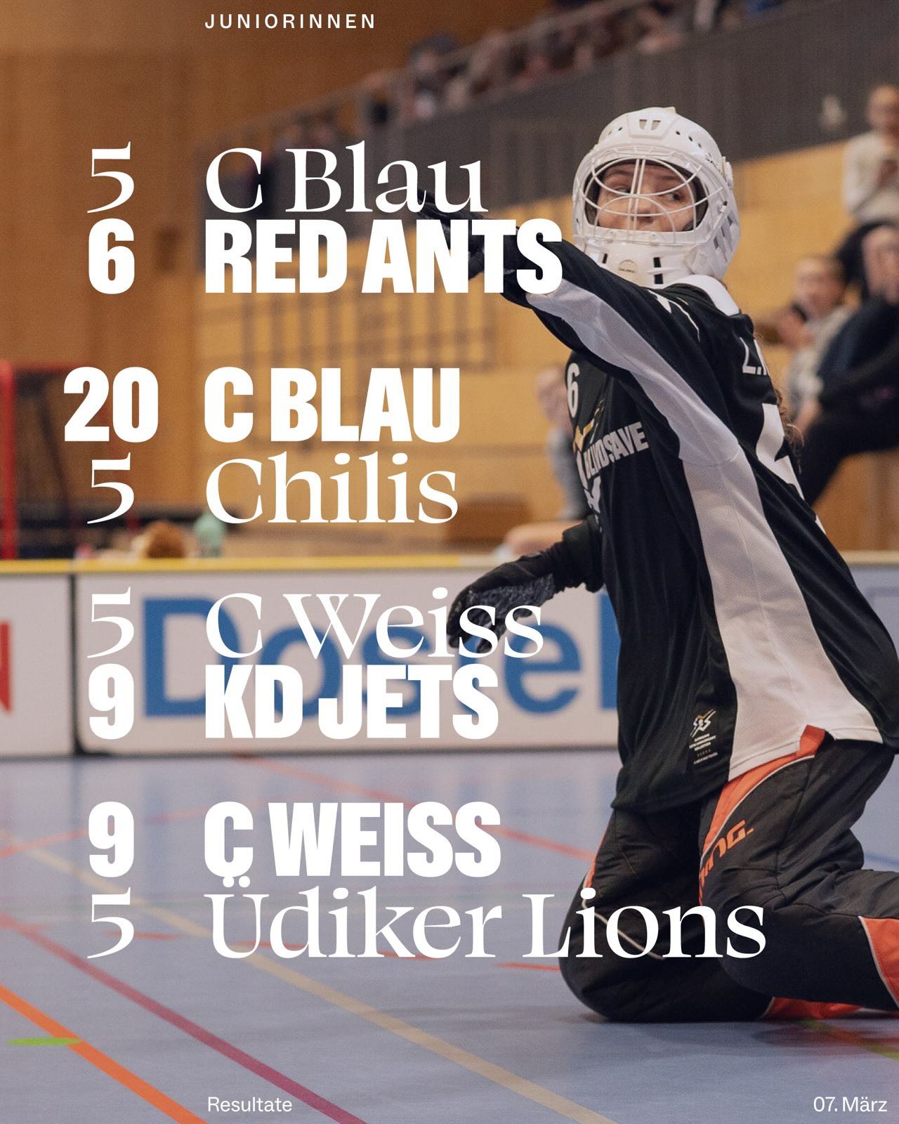 Resultatflash Juniorinnen 🦁
🔵⚪️
Die beiden C-Teams können jeweils ein Spiel für sich entscheiden!
🔵⚪️
Bei den D‘s muss das Team ,,Nord‘‘ leider zwei Niederlagen einstecken, während sich das D ,,West‘‘ über einen Sieg freuen darf!
🔵⚪️
#lioness #juniorinnen #swissunihockey #floorball #switzerland