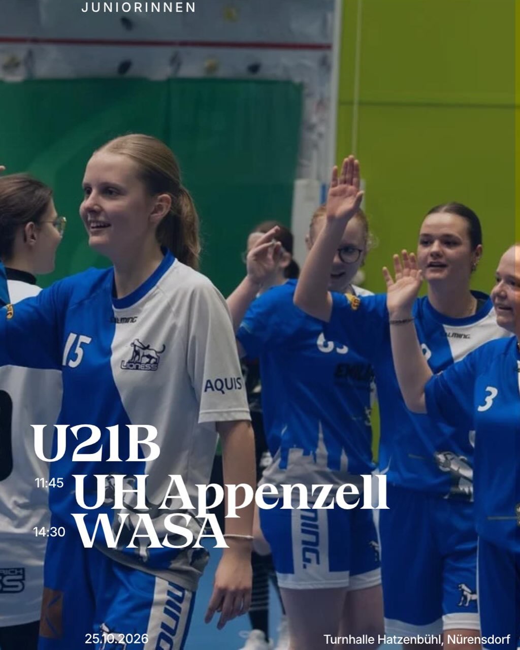 🦁 Matchvorschau Juniorinnen 🔵⚪

Dieses Wochenende stehen gleich zwei Heimturniere an! Unsere B-Juniorinnen spielen am Samstag in Oerlikon und die U17B am Sonntag. Auch unsere U21B sowie die beiden C-Teams sind im Einsatz. 💙🤍

🔵⚪ U21B
⏰ 11:45 vs. UH Appenzell 
⏰ 14:30 vs. WASA St. Gallen
📍 Turnhalle Hatzenbühl, Nürensdorf

🔵⚪ U17B – Heimturnier
⏰ 10:55 vs. Entlebuch
⏰ 13:40 vs. KD Jets
📍 Schule Nordstern, Zürich

🔵⚪ C Blau
⏰ 12:40 vs. Bülach Floorball
⏰ 14:30 vs. Chiilis
📍 Hüenerweid, Dietlikon

🔵⚪ C Weiss
⏰ 10:50 vs. Glattal Falcons
⏰ 13:35 vs. Red Ants
📍 Hüenerweid, Dietlikon

🔵⚪ B-Juniorinnen – Heimturnier
⏰ 10:50 vs. TSV Mörschwil
⏰ 14:30 vs. FB Riders
📍 Schule Nordstern, Zürich

Wir wünschen allen Teams viel Erfolg und freuen uns auf eure Unterstützung! 💙🤍

#floorballzurichlioness #unihockey #heimrunde #juniorinnen #matchvorschau